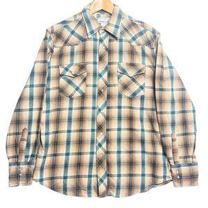 Wrangler Plaid Shirt Mens L Beige Blue 100% Cotton Western Button Front